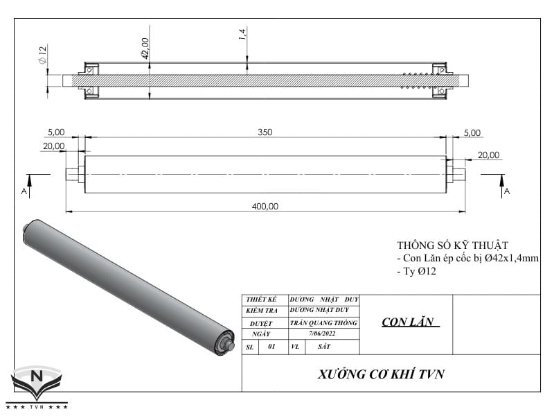 Bản vẽ con lăn ép cốc bi phi 42