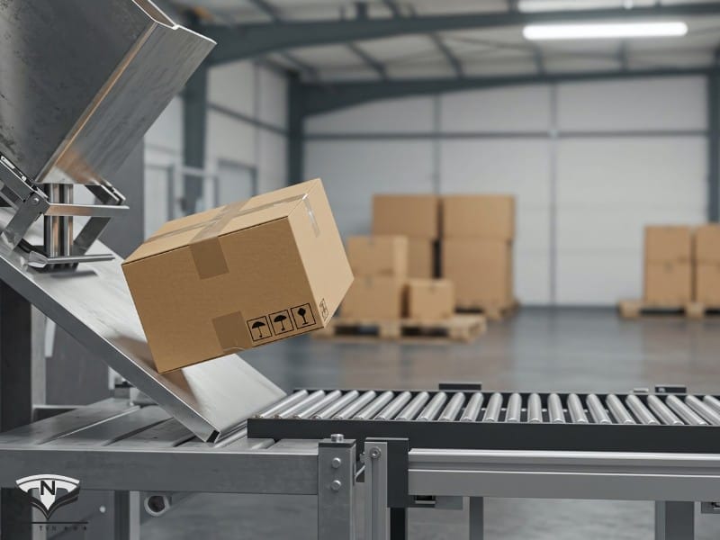 Băng tải con lăn vận chuyển thùng carton trong nhà máy