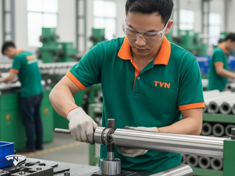 Thợ TVN đang lắp ráp vòng bi bạc đạn vào con lăn băng tải