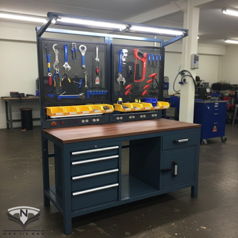 Bàn thao tác cơ khí có bảng treo dụng cụ