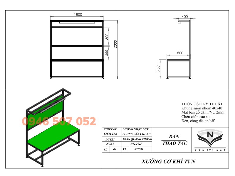 Bản vẽ bàn thao tác khung nhôm có đèn chiếu sáng