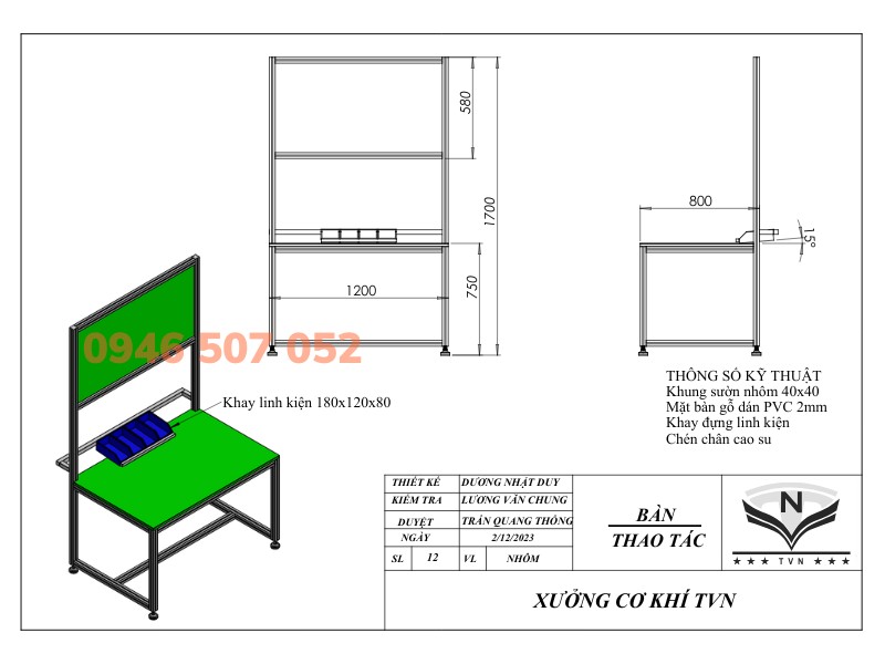 Bản vẽ bàn thao tác công nhân có tích hợp khay đựng linh kiện