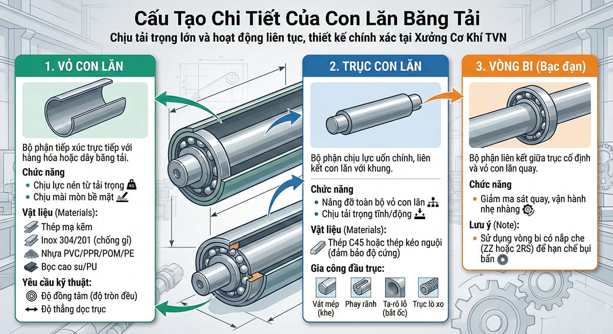 Cấu tạo con lăn băng tải