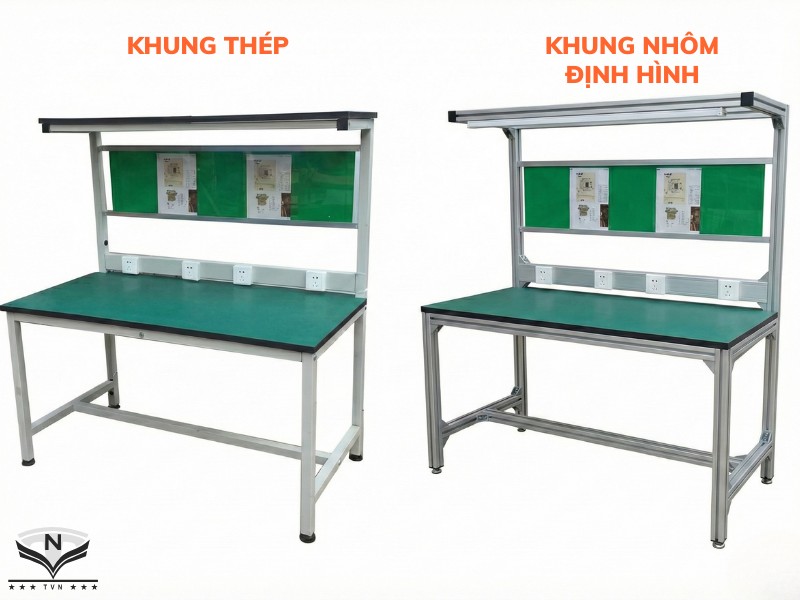 So sánh hình ảnh thực tế bàn thao tác khung nhôm định hình và khung thép